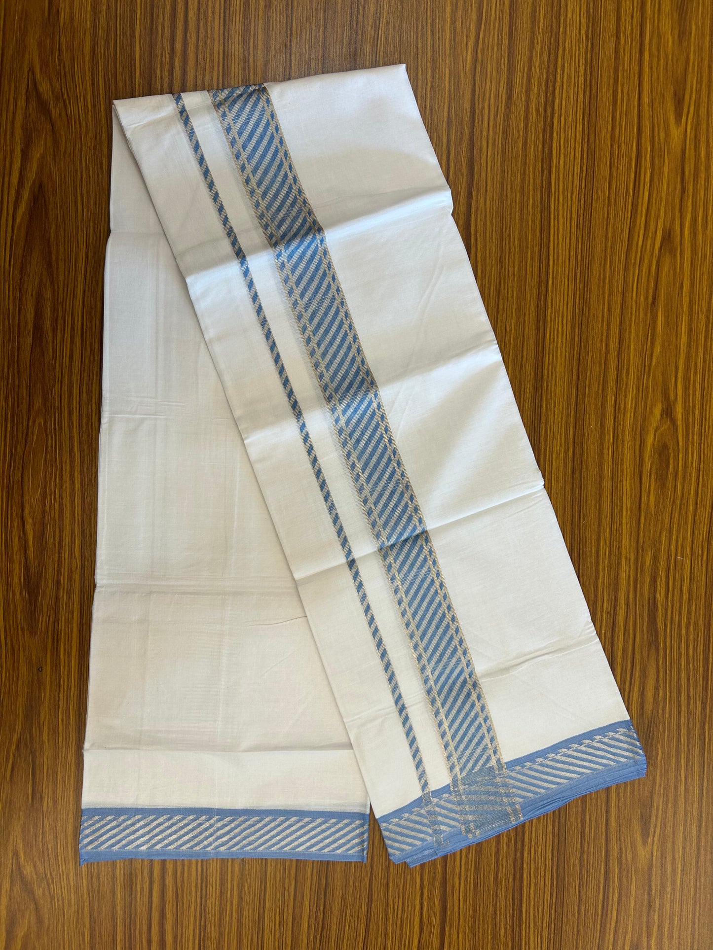 20% Discount ! KaithariKada Balaramapuram 100% Pure Cotton Single Pure White Mundu/Dhoti - 100x80 - 1.75 inch Silver Kasav & Blue Jacquard Design kara 1.90 mtr (4 Muzham) - 3 KK5365 CJT