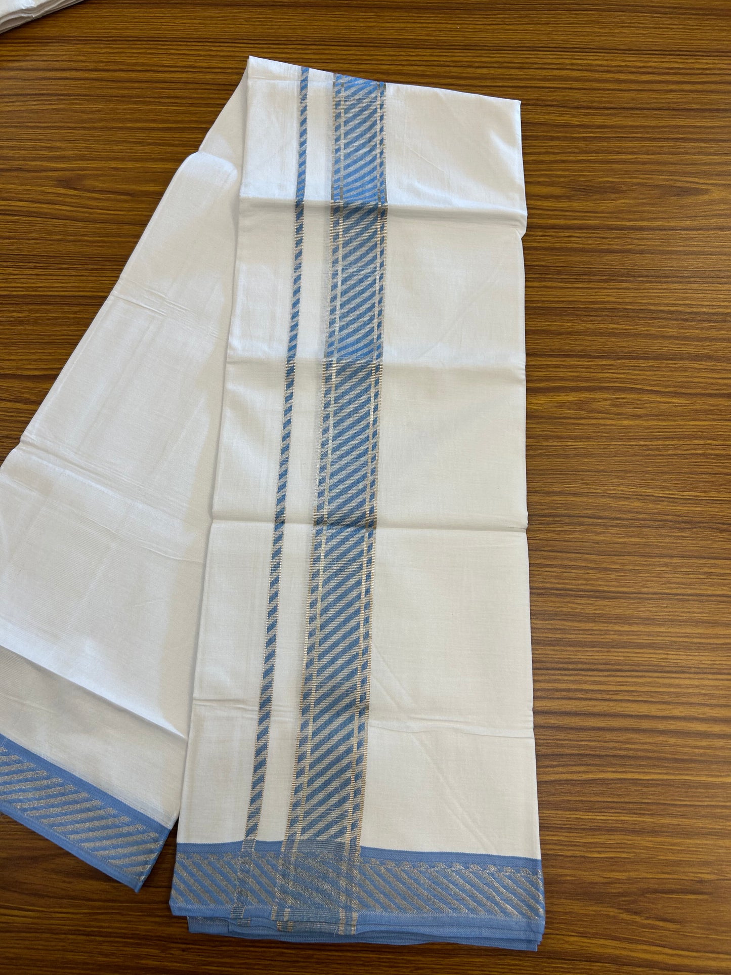 20% Discount ! KaithariKada Balaramapuram 100% Pure Cotton Single Pure White Mundu/Dhoti - 100x80 - 1.75 inch Silver Kasav & Blue Jacquard Design kara 1.90 mtr (4 Muzham) - 3 KK5365 CJT