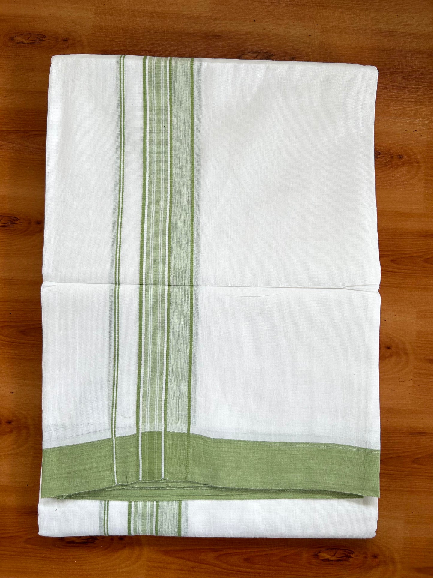 Double Pure White Mundu/Dhoti -20% Discount ! KaithariKada Balaramapuram 100% Cotton - 60s - 1.75 Inch Light Olive Green Shaded Striped Kara - 3.80mtr ( 8 muzham) - 42 KK5398 PMC
