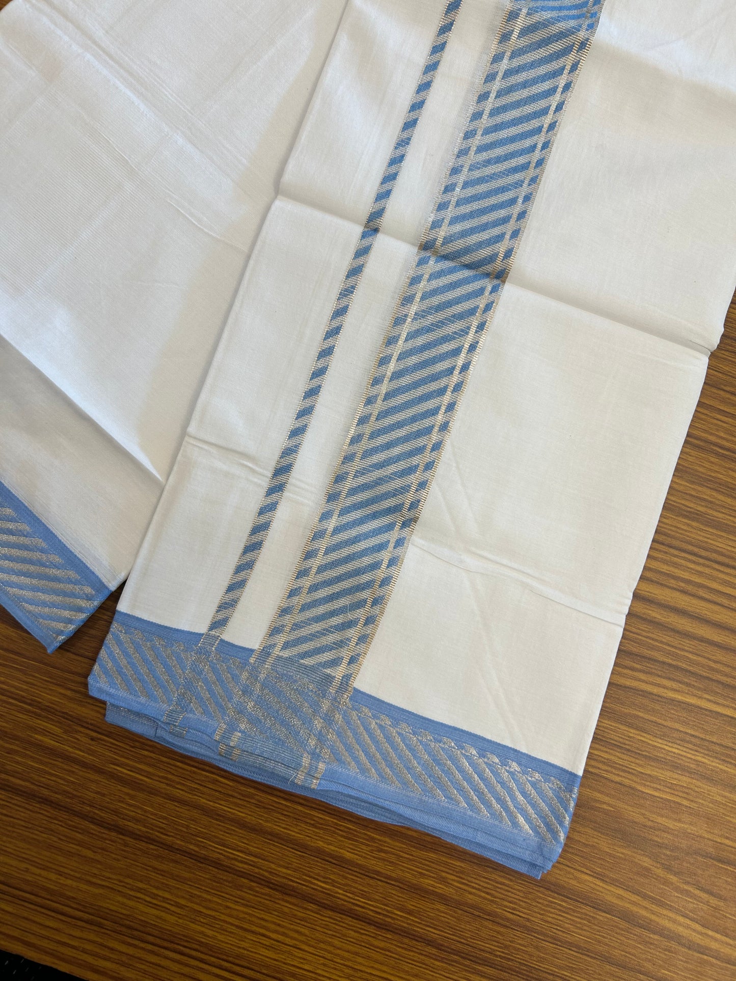 20% Discount ! KaithariKada Balaramapuram 100% Pure Cotton Single Pure White Mundu/Dhoti - 100x80 - 1.75 inch Silver Kasav & Blue Jacquard Design kara 1.90 mtr (4 Muzham) - 3 KK5365 CJT