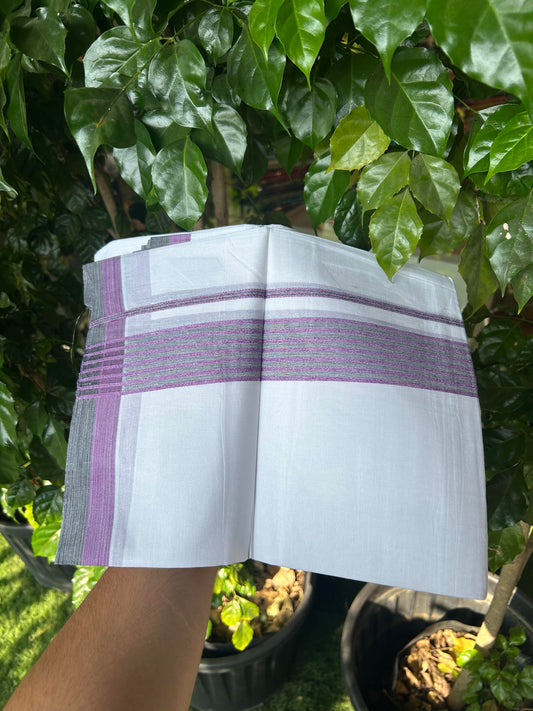 20% Discount ! KaithariKada Balaramapuram Double Pure White Mundu/Dhoti - 100x80 - 1.75 inch Ash Black & Dark Violet Shaded Striped kara - 3.90 Mtr (8 Muzham) - 33 KK5361 PMC