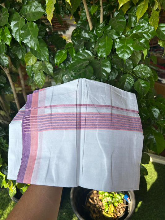 20% Discount ! KaithariKada Balaramapuram Double Pure White Mundu/Dhoti - 100x80 - 1.5 inch Peach Pink & Purple Shaded Striped kara - 3.90 Mtr (8 Muzham) - 32 KK5361 PMC