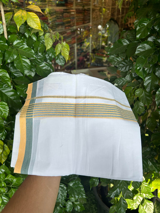20% Discount ! KaithariKada Balaramapuram Double Pure White Mundu/Dhoti - 100x80 - 1.25 inch Yellow & Green Shaded Striped kara - 3.90 Mtr (8 Muzham) - 31 KK5361 PMC