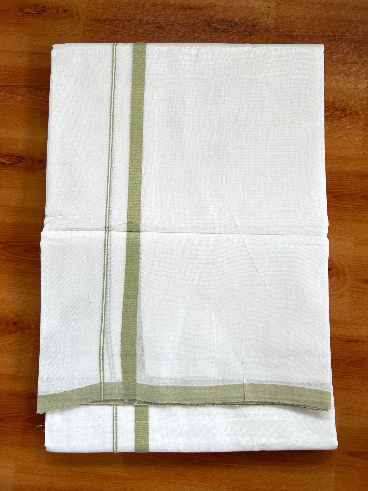 Double Pure White Mundu/Dhoti -20% Discount ! KaithariKada Balaramapuram 100% Cotton - 60s - 0.5 Inch Light Olive Green Shaded Striped Kara - 3.80mtr ( 8 muzham) - 60 KK5398 PMC
