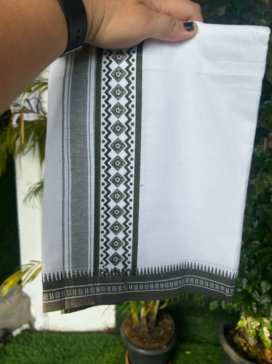 18% Discount!!! Kaitharikada Pure Cotton - Single Kaily / Lungi - 3.25 inch  Sage Green Striped Kuppadam kara with White colour body (2 meter / 4 muzham) - 27KK8019AS