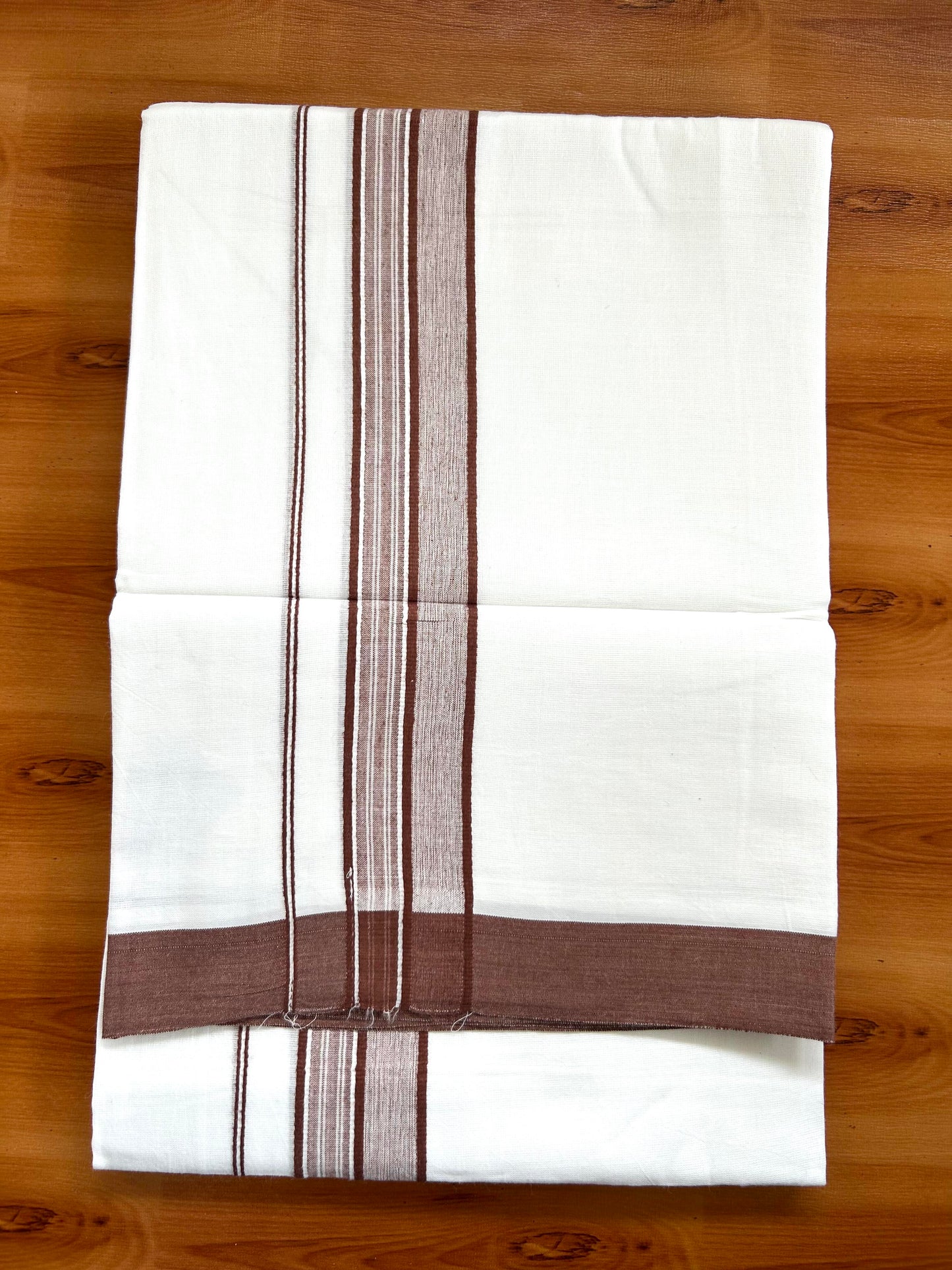 Double Pure White Mundu/Dhoti -20% Discount ! KaithariKada Balaramapuram 100% Cotton - 60s - 1.75 Inch Chocolate Brown Shaded Striped Kara - 3.80mtr ( 8 muzham) - 46 KK5398 PMC