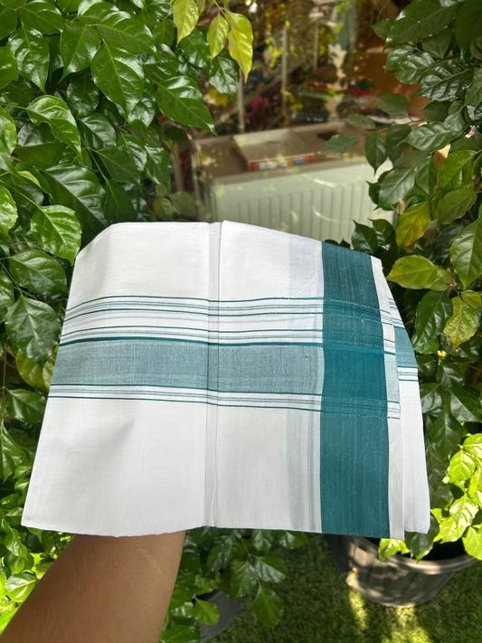 20% Discount!!! KaithariKada Balaramapuram 100% Cotton Double Pure White Mundu/Dhoti - 100X80 - 1.75 Inch Peacock Blue Shaded Stripes kara - 3.90 Mtr (8 Muzham) - 37 KK5361 PMC