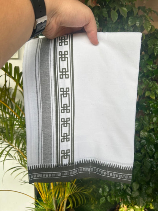 18% Discount!!! Kaitharikada Pure Cotton - Single Kaily / Lungi - 2.75 inch  Sage Green Striped Kuppadam kara with White colour body (2 meter / 4 muzham) - 28KK8019AS