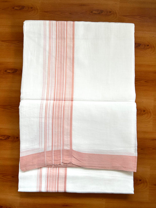 Double Pure White Mundu/Dhoti -20% Discount ! KaithariKada Balaramapuram 100% Cotton - 60s - 1.75 Inch Peach Pink Shaded Striped Kara - 3.80mtr ( 8 muzham) - 49 KK5398 PMC
