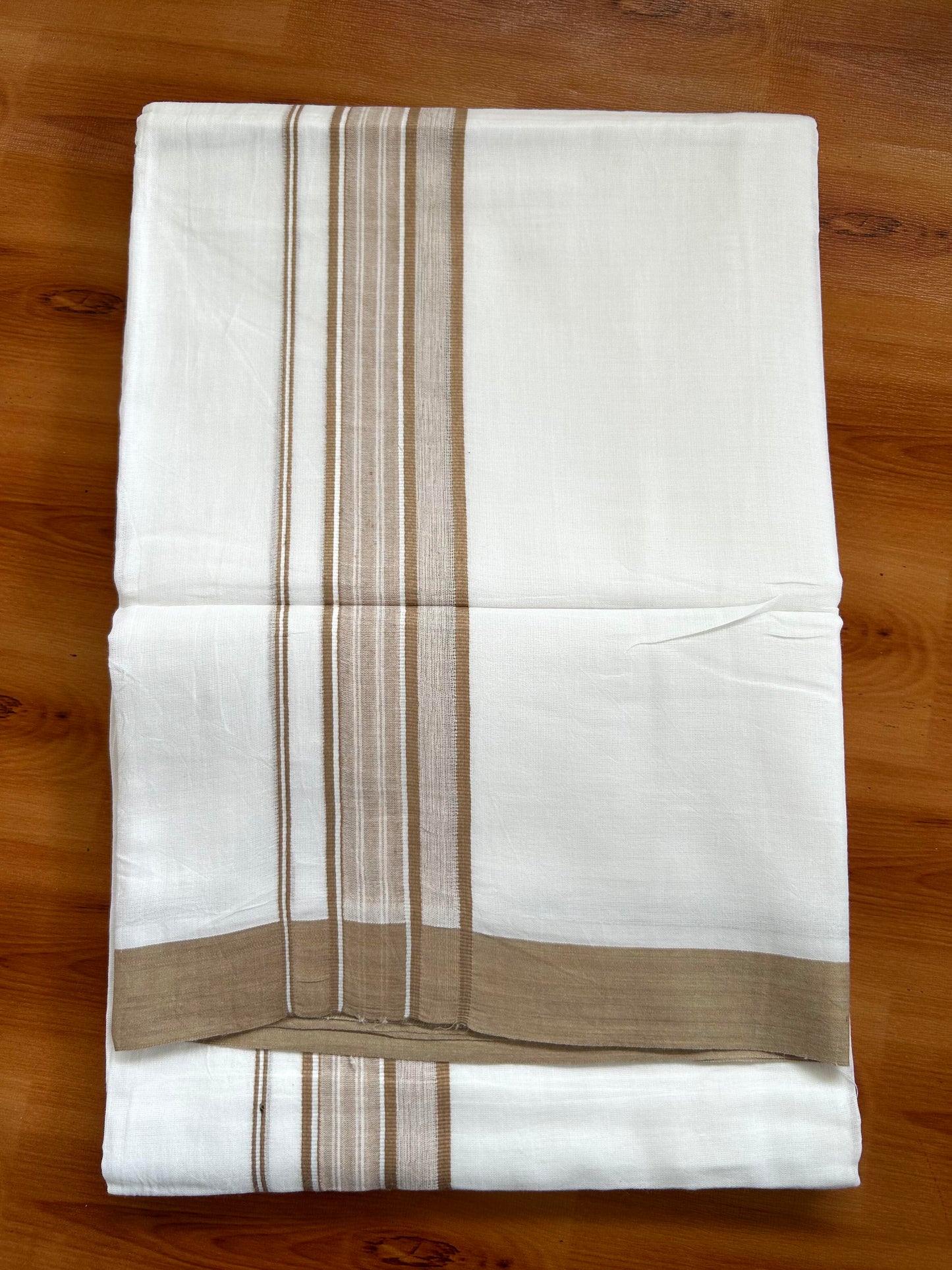 Double Pure White Mundu/Dhoti -20% Discount ! KaithariKada Balaramapuram 100% Cotton - 60s - 1.75 Inch Sand Brown Shaded Striped Kara - 3.80mtr ( 8 muzham) - 41 KK5398 PMC