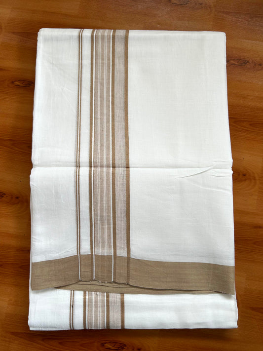 Double Pure White Mundu/Dhoti -20% Discount ! KaithariKada Balaramapuram 100% Cotton - 60s - 1.75 Inch Sand Brown Shaded Striped Kara - 3.80mtr ( 8 muzham) - 41 KK5398 PMC