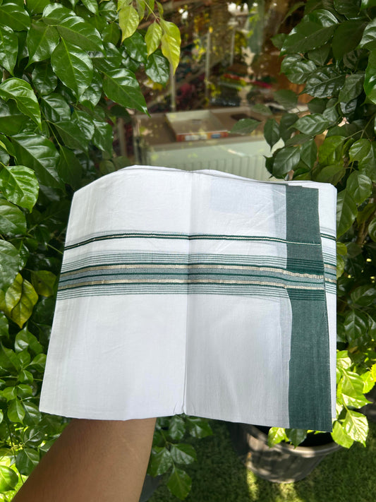 20% Discount ! KaithariKada Balaramapuram 100% Cotton Double Pure White Mundu/Dhoti - 100X80 - 2.25 inch Silver Kasav & Bottle Green Stripes kara 3.90 mtr (8 muzham) - 7 KK5361 PMC