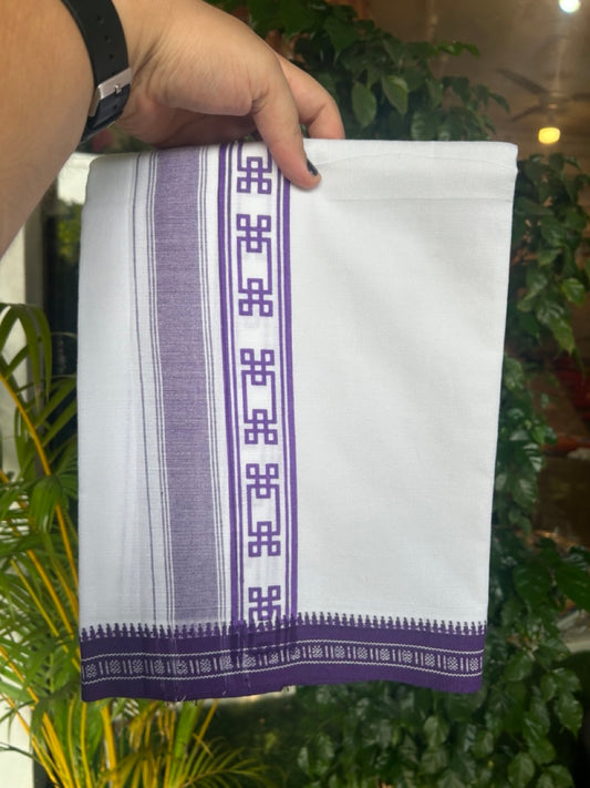 18% Discount!!! Kaitharikada Pure Cotton - Single Kaily / Lungi -3 inch  Violet Striped Kuppadam kara with White colour body (2 meter / 4 muzham) - 30KK8019AS