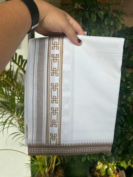 18% Discount!!! Kaitharikada Pure Cotton - Single Kaily / Lungi -2.75 inch  Brown Striped Kuppadam kara with White colour body (2 meter / 4 muzham) - 31KK8019AS