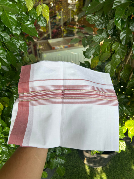 20% Discount ! KaithariKada Balaramapuram 100% Cotton Double Pure White Mundu/Dhoti - 100X80 - 2.25 inch Silver Kasav & Dusty Rose Stripes kara 3.90 mtr (8 muzham) - 3 KK5361 PMC