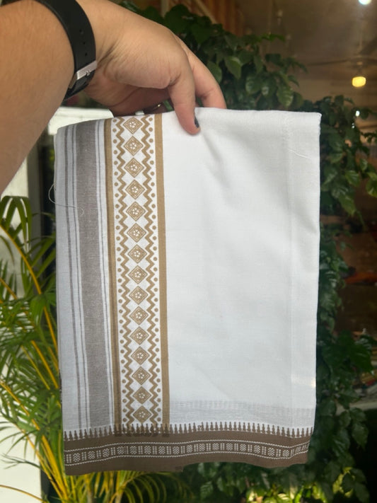 18% Discount!!! Kaitharikada Pure Cotton - Single Kaily / Lungi -3 inch  Brown Striped Kuppadam kara with White colour body (2 meter / 4 muzham) - 32KK8019AS