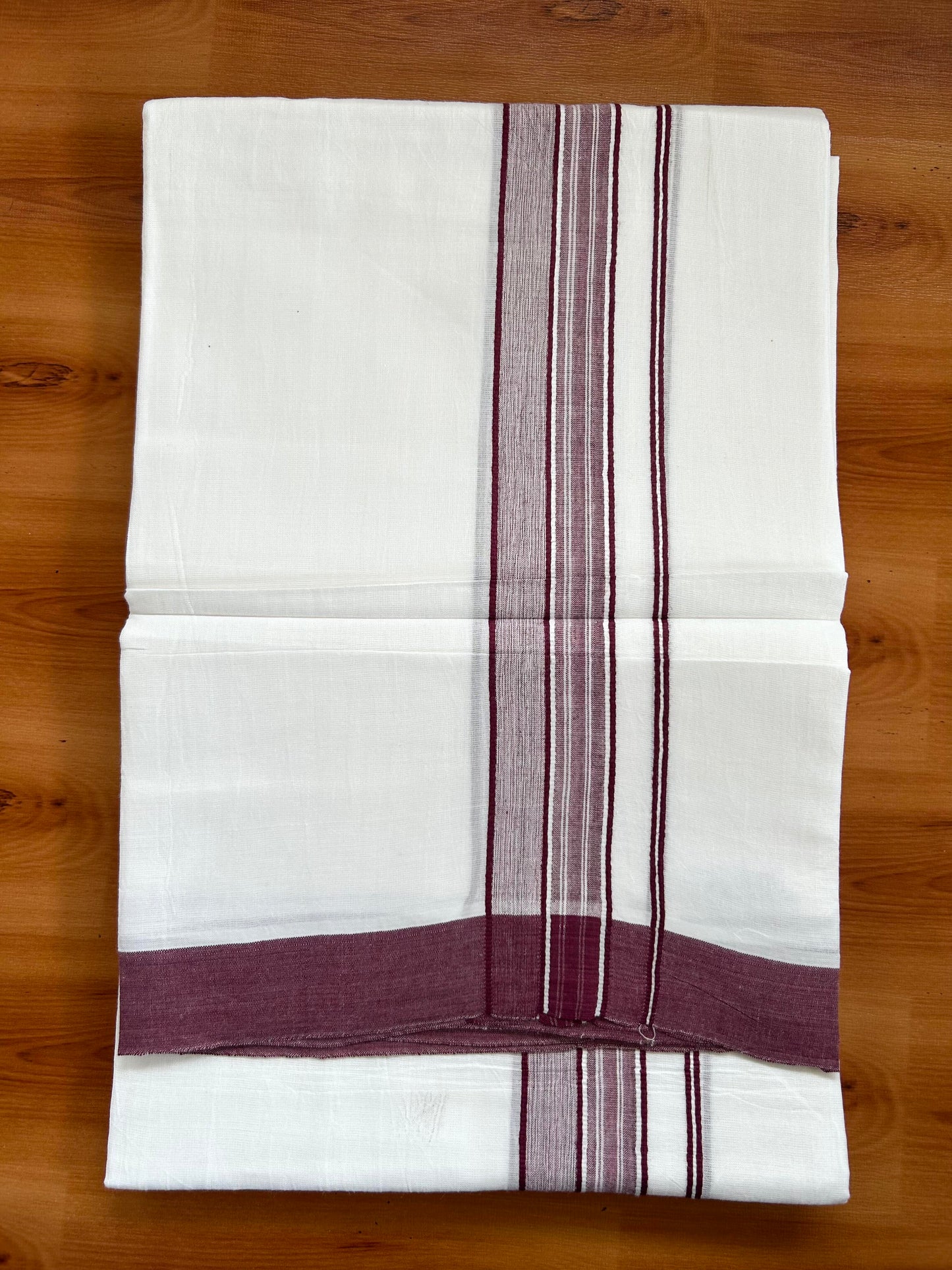 Double Pure White Mundu/Dhoti -20% Discount ! KaithariKada Balaramapuram 100% Cotton - 60s - 1.75 Inch Wine Maroon Shaded Striped Kara - 3.80mtr ( 8 muzham) - 40 KK5398 PMC