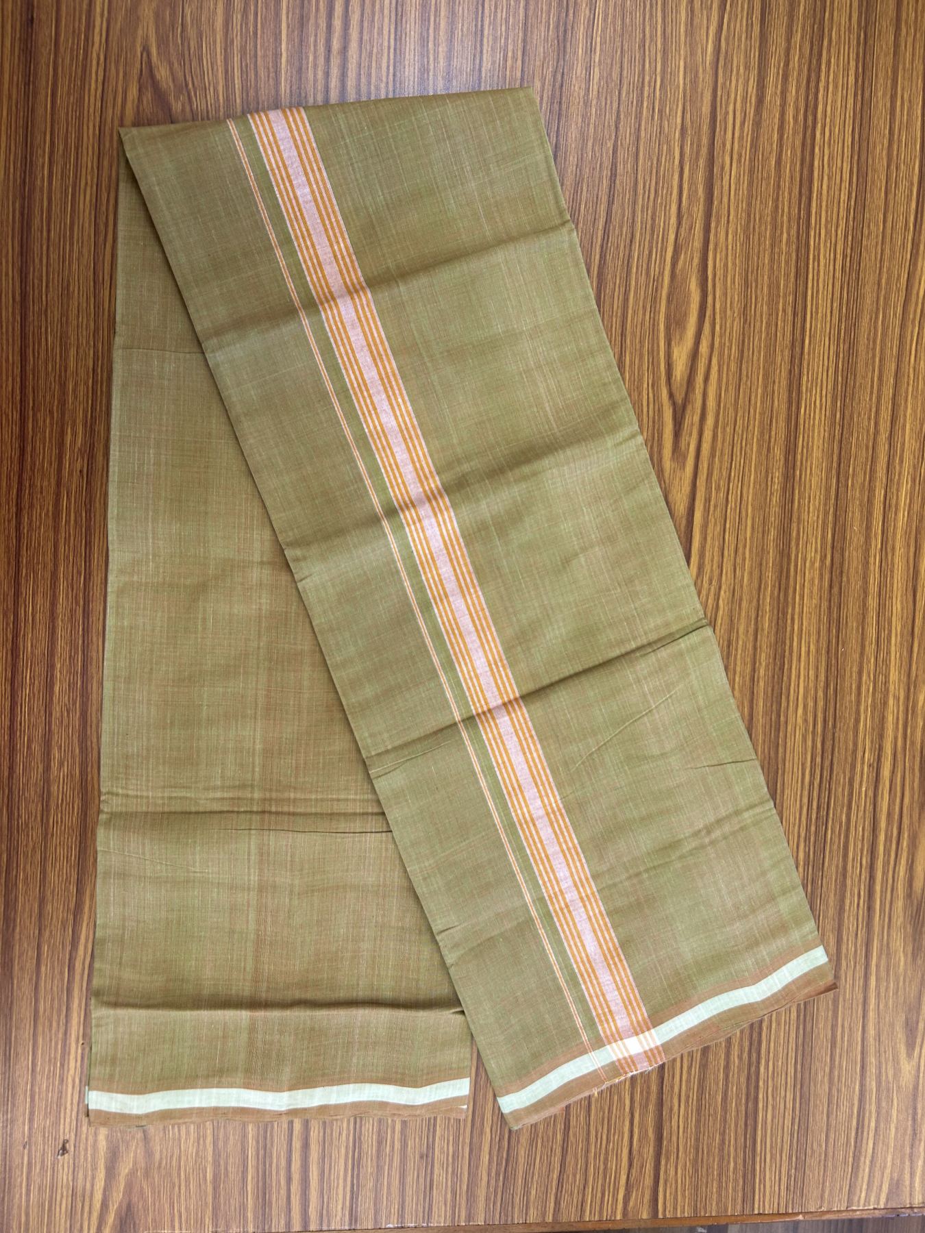 Kerala Handloom Single Hallmarked - 10% Discount !! KaithariKada 100% Pure Cotton - Mundu/Dhoti Brownish Green Body - 1.25 inch Orange & White Stripes Kara - (2 meter / 4 muzham) - 34 KK8048 ELA