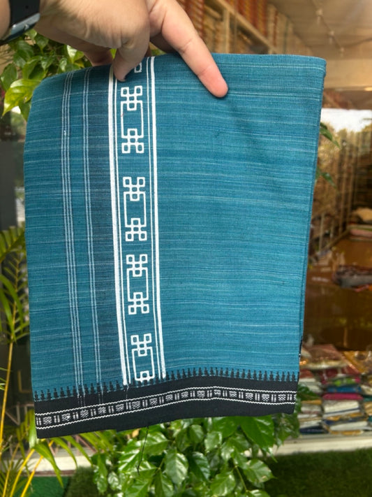 6% Discount!!! Kaitharikada Pure Cotton - Single Kaily / Lungi -  2.5 inch Printed kara with White & Peacock Blue colour body Kuppadam Border (2 meter / 4 muzham) - 5KK8019AS