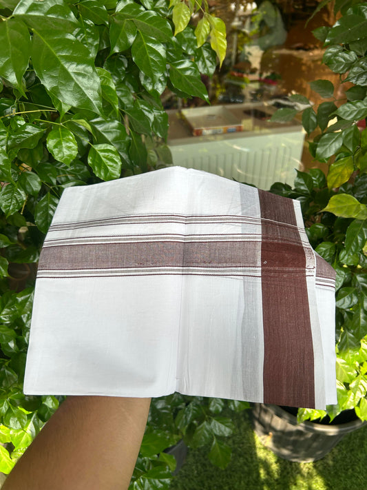 20% Discount!!! KaithariKada Balaramapuram 100% Cotton Double Pure White Mundu/Dhoti - 100X80 - 1.75 Inch Brown Shaded Stripes kara - 3.90 Mtr (8 Muzham) - 40 KK5361 PMC