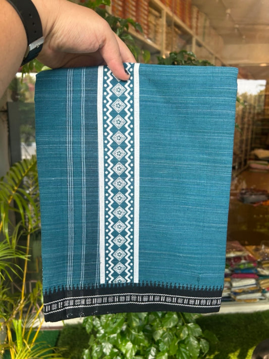 6% Discount!!! Kaitharikada Pure Cotton - Single Kaily / Lungi -  2.75 inch Printed kara with White & Peacock Blue colour body Kuppadam Border (2 meter / 4 muzham) - 6KK8019AS