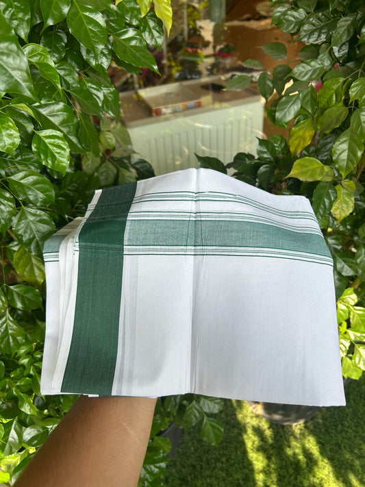 20% Discount!!! KaithariKada Balaramapuram 100% Cotton Double Pure White Mundu/Dhoti - 100X80 - 1.75 Inch Green Shaded Stripes kara - 3.90 Mtr (8 Muzham) - 39 KK5361 PMC