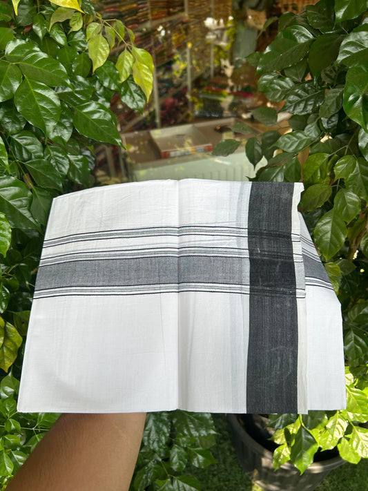 20% Discount!!! KaithariKada Balaramapuram 100% Cotton Double Pure White Mundu/Dhoti - 100X80 - 1.75 Inch Black Shaded Striped kara - 3.90 Mtr (8 Muzham) - 35 KK5361 PMC