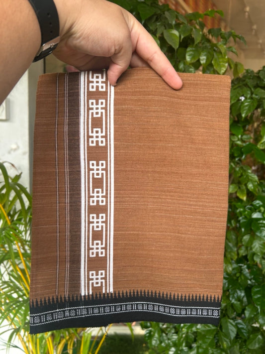 6% Discount!!! Kaitharikada Pure Cotton - Single Kaily / Lungi -  2.25 inch Printed kara with White & Brown colour body Kuppadam Border (2 meter / 4 muzham) - 1KK8019AS