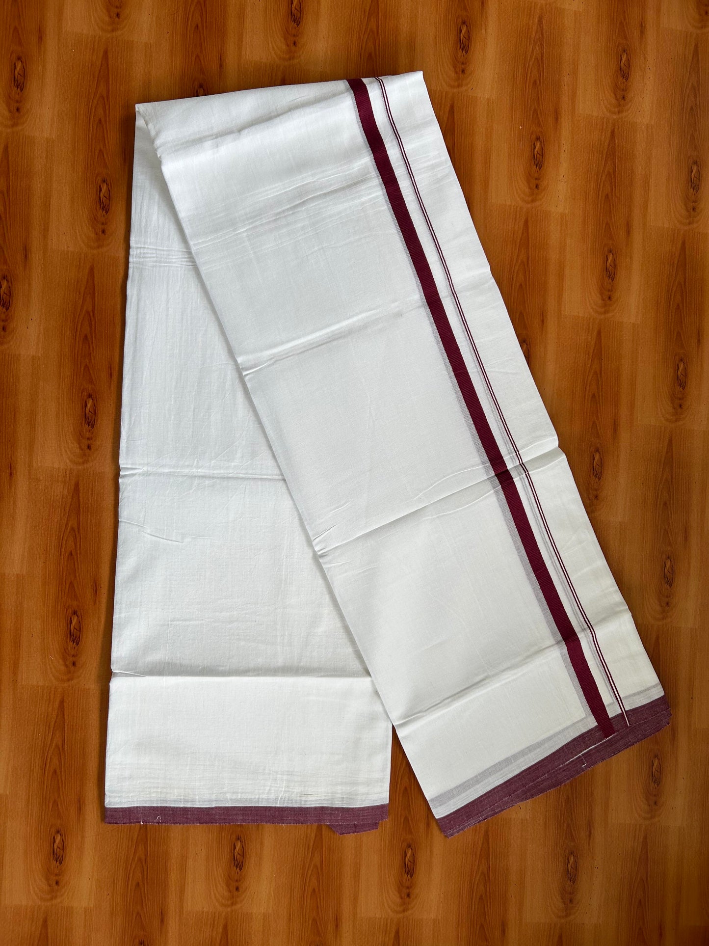 Double Pure White Mundu/Dhoti -20% Discount ! KaithariKada Balaramapuram 100% Cotton - 60s - 0.5 Inch Maroon Shaded Striped Kara - 3.80mtr ( 8 muzham) - 58 KK5398 PMC