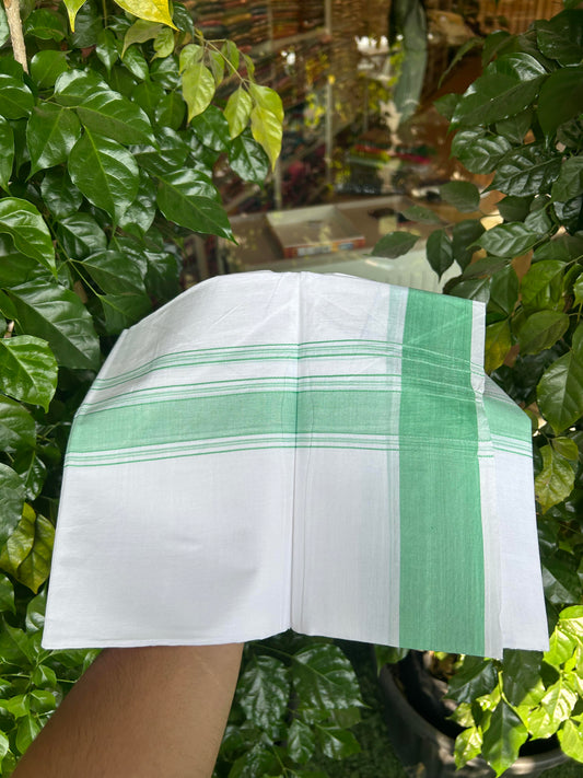 20% Discount!!! KaithariKada Balaramapuram 100% Cotton Double Pure White Mundu/Dhoti - 100X80 - 1.75 Inch Light Green Shaded Stripes kara - 3.90 Mtr (8 Muzham) - 43 KK5361 PMC