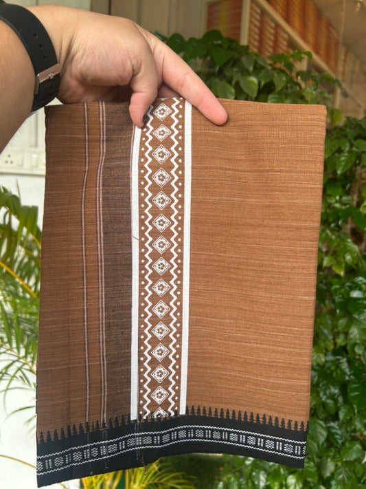 6% Discount!!! Kaitharikada Pure Cotton - Single Kaily / Lungi -  3 inch Printed kara with White & Brown colour body Kuppadam Border (2 meter / 4 muzham) - 2KK8019AS