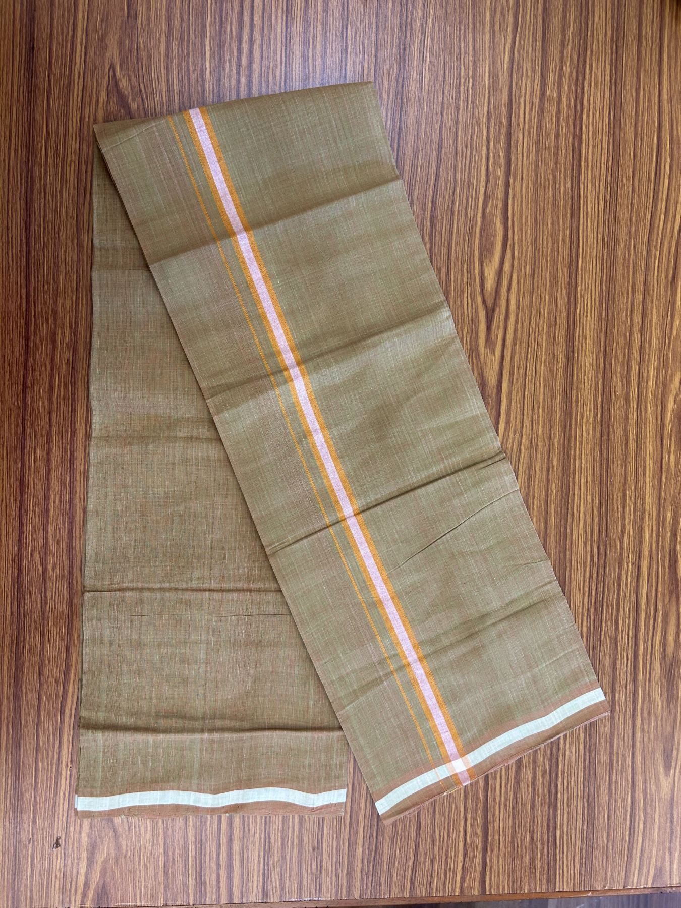 Kerala Handloom Single Hallmarked - 10% Discount !! KaithariKada 100% Pure Cotton - Mundu/Dhoti Brownish Green Body - 1.25 inch Orange & White Stripes Kara - (2 meter / 4 muzham) - 35 KK8048 ELA