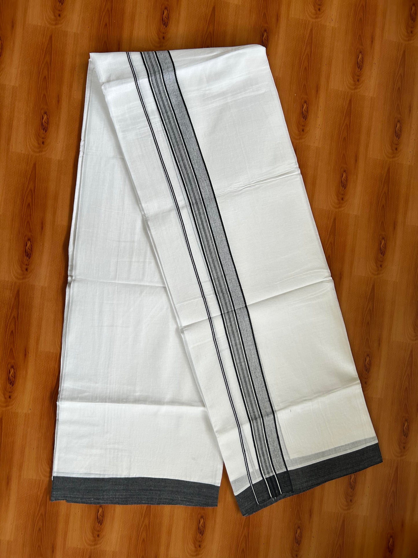 Double Pure White Mundu/Dhoti -20% Discount ! KaithariKada Balaramapuram 100% Cotton - 60s - 1.75 Inch Black Shaded Striped Kara - 3.80mtr ( 8 muzham) - 47 KK5398 PMC