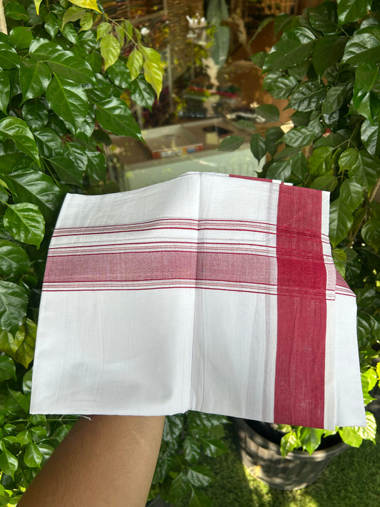 20% Discount!!! KaithariKada Balaramapuram 100% Cotton Double Pure White Mundu/Dhoti - 100X80 - 1.75 Inch Maroon Shaded Striped kara - 3.90 Mtr (8 Muzham) - 36 KK5361 PMC