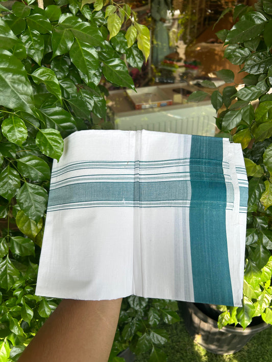 20% Discount!!! KaithariKada Balaramapuram 100% Cotton Double Pure White Mundu/Dhoti - 100X80 - 1.75 Inch Peacock Blue Shaded Stripes kara - 3.90 Mtr (8 Muzham) - 38 KK5361 PMC