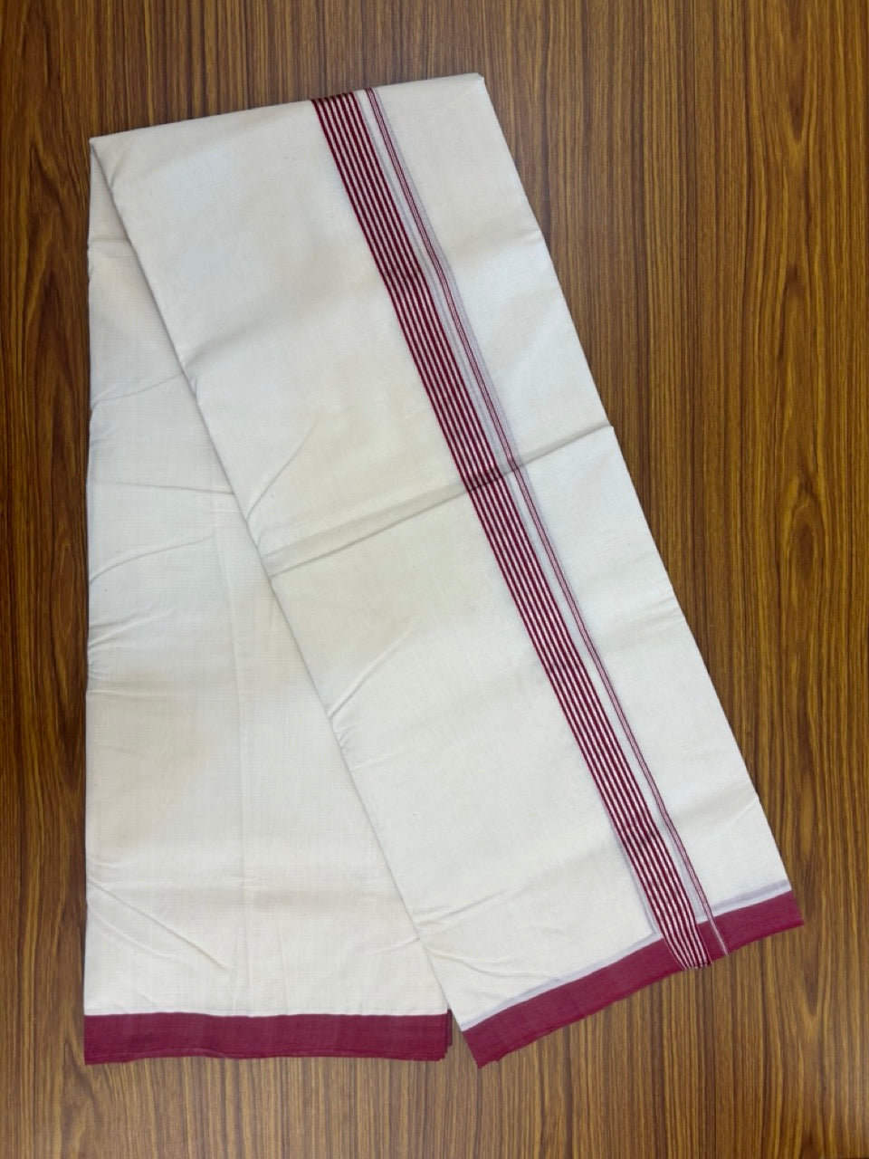 25% Discount!! KaithariKada Handloom Millpaav Balaramapuram - 100% Pure Cotton Off White Double - (Unbleached) Mundu/Dothi -80x90 - 1.25 Inch Silver Kasav & Reddish Maroon Stripes kara 4mtr (8.5 muzham) - 12 KK5264 RAM