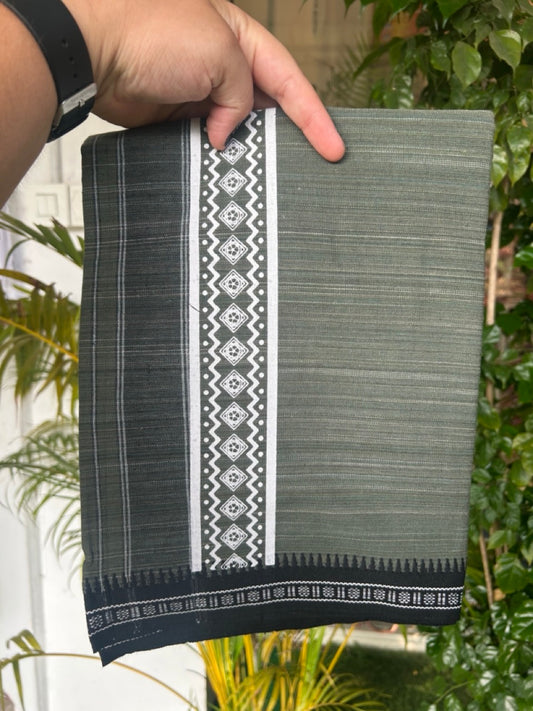 6% Discount!!! Kaitharikada Pure Cotton - Single Kaily / Lungi -  4 inch Printed kara with White & Sage Green colour body Kuppadam Border (2 meter / 4 muzham) - 7KK8019AS