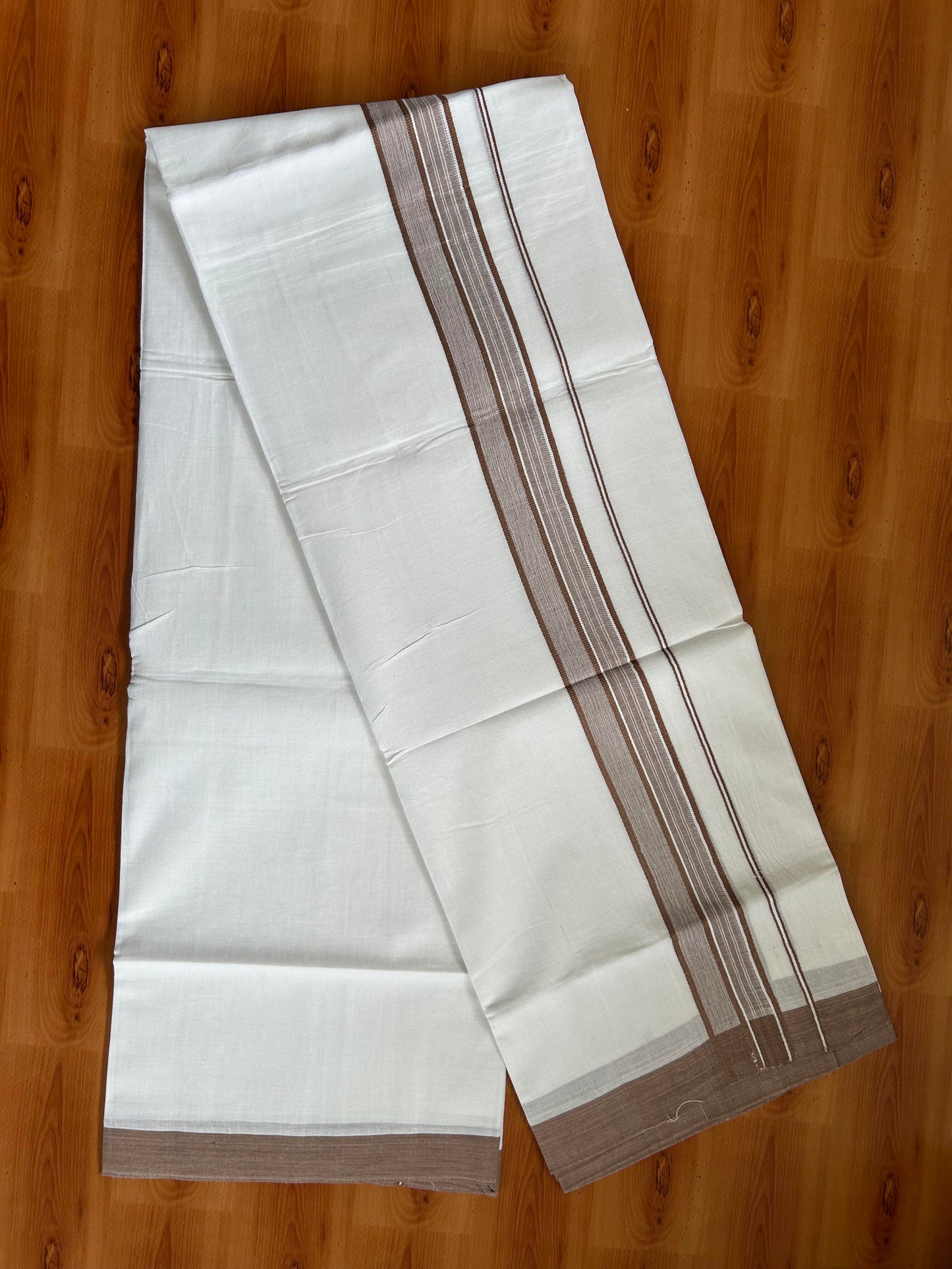 Double Pure White Mundu/Dhoti -20% Discount ! KaithariKada Balaramapuram 100% Cotton - 60s - 1.75 Inch Brown Shaded Striped Kara - 3.80mtr ( 8 muzham) - 45 KK5398 PMC