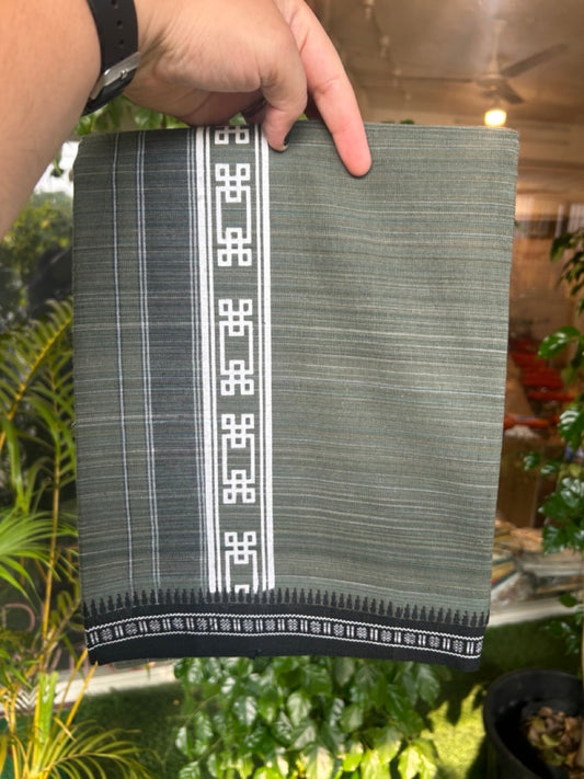 6% Discount!!! Kaitharikada Pure Cotton - Single Kaily / Lungi -  2.75 inch Printed kara with White & Sage Green colour body Kuppadam Border (2 meter / 4 muzham) - 8KK8019AS