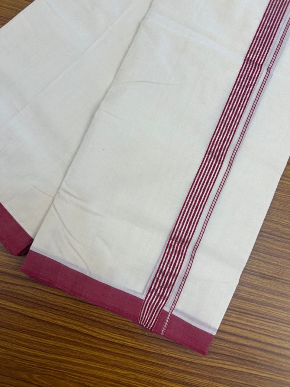 25% Discount!! KaithariKada Handloom Millpaav Balaramapuram - 100% Pure Cotton Off White Double - (Unbleached) Mundu/Dothi -80x90 - 1.25 Inch Silver Kasav & Reddish Maroon Stripes kara 4mtr (8.5 muzham) - 12 KK5264 RAM