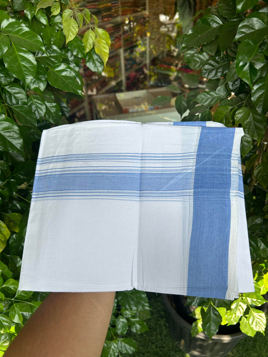 20% Discount!!! KaithariKada Balaramapuram 100% Cotton Double Pure White Mundu/Dhoti - 100X80 - 1.75 Inch Light Blue Shaded Stripes kara - 3.90 Mtr (8 Muzham) - 34 KK5361 PMC