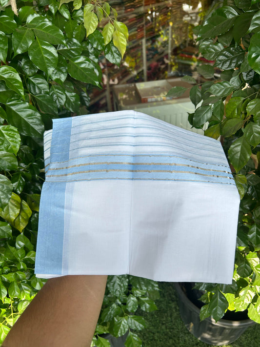 20% Discount ! KaithariKada Balaramapuram 100% Cotton Double Pure White Mundu/Dhoti - 100X80 - 7 inch Silver Kasav & Sky Blue Stripes kara 3.90 mtr (8 muzham) - 1 KK5361 PMC