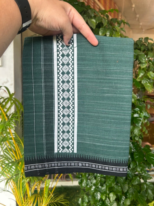 6% Discount!!! Kaitharikada Pure Cotton - Single Kaily / Lungi -  3 inch Printed kara with White & Green colour body Kuppadam Border (2 meter / 4 muzham) - 9KK8019AS