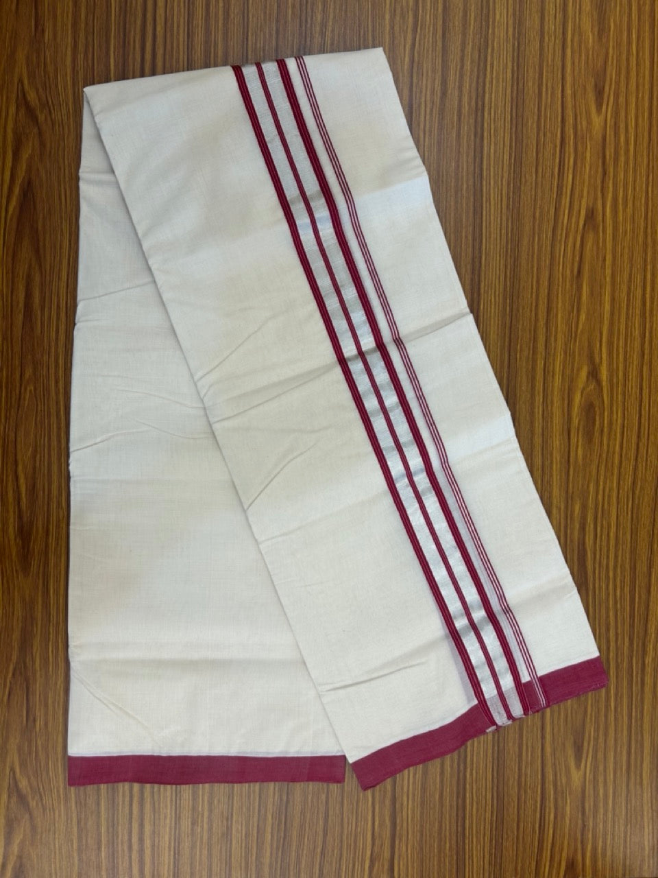 25% Discount!! KaithariKada Handloom Millpaav Balaramapuram - 100% Pure Cotton Off White Double - (Unbleached) Mundu/Dothi -80x90 - 1.75 Inch Silver Kasav & Reddish Maroon Stripes kara 4mtr (8.5 muzham) - 13 KK5264 RAM