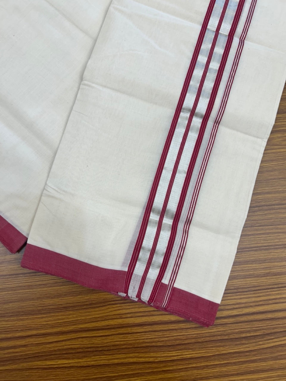 25% Discount!! KaithariKada Handloom Millpaav Balaramapuram - 100% Pure Cotton Off White Double - (Unbleached) Mundu/Dothi -80x90 - 1.75 Inch Silver Kasav & Reddish Maroon Stripes kara 4mtr (8.5 muzham) - 13 KK5264 RAM