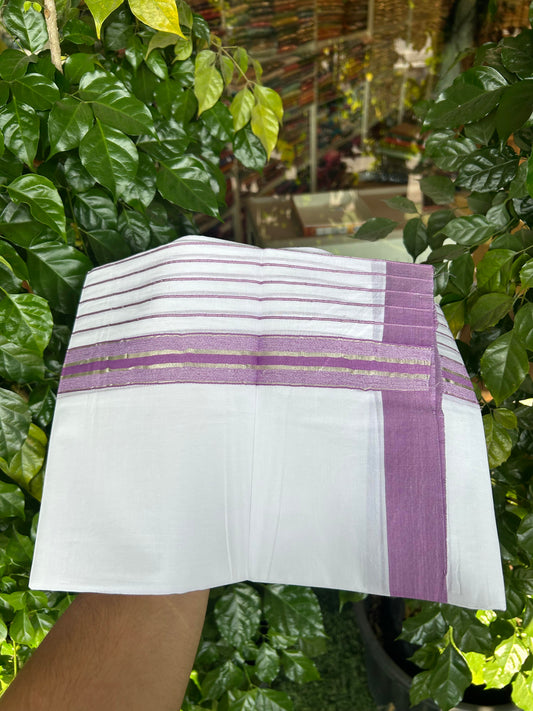20% Discount ! KaithariKada Balaramapuram 100% Cotton Double Pure White Mundu/Dhoti - 100X80 - 7 inch Silver Kasav & Pearly Purple Stripes kara 3.90 mtr (8 muzham) - 2 KK5361 PMC