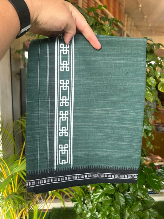 6% Discount!!! Kaitharikada Pure Cotton - Single Kaily / Lungi -  2 inch Printed kara with White & Green colour body Kuppadam Border (2 meter / 4 muzham) - 10KK8019AS