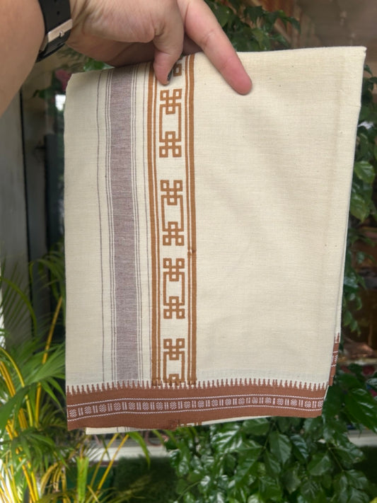 12% Discount !! Kaitharikada Pure Cotton Single OFF WHITE - (Unbleached) Kaily / Lungi - 3 inch Brown Striped Printed kara Kuppadam Border with OFF WHITE colour body (2 meter / 4 muzham)- 23KK8019AS