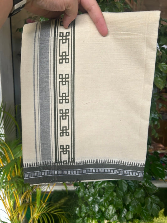 12% Discount !! Kaitharikada Pure Cotton Single OFF WHITE - (Unbleached) Kaily / Lungi - 2.5 inch Sage Green Striped Printed kara Kuppadam Border with OFF WHITE colour body (2 meter / 4 muzham)- 24KK8019AS