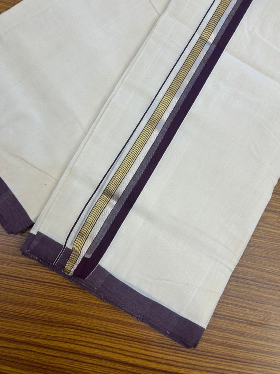 25% Discount!! KaithariKada Handloom Millpaav Balaramapuram - 100% Pure Cotton Off White Double - (Unbleached) Mundu/Dothi -80x90 - 1.5 Inch Silver Kasav & Gold Kasav Wine Purple Stripes kara 4mtr (8.5 muzham) - 10 KK5264 RAM